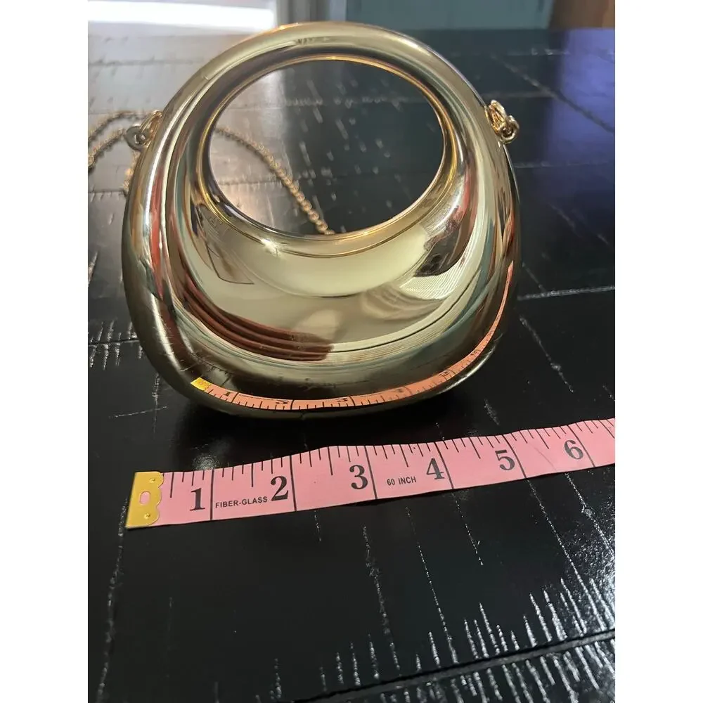 New Gold Metallic Sculptural Hard Case Clutch  Round Top Handle Crossbody Purse